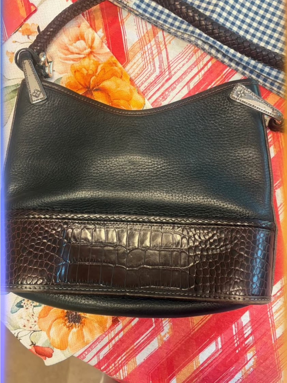 Black Women's Leather Shoulder Bag with Croc-Embossed Accent